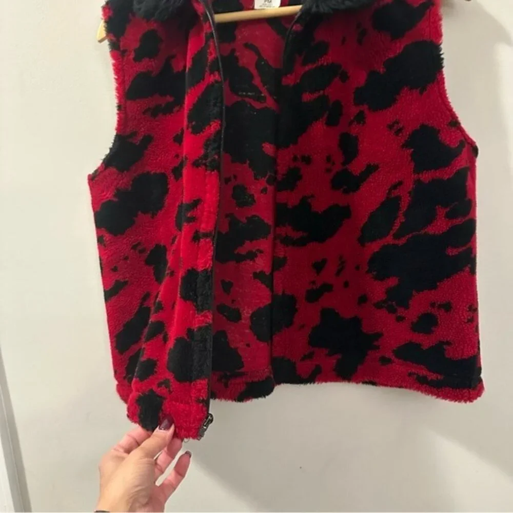 90s Tally-Ho Red Black Cow Print Vest Faux Fur Collar Y2K Retro Medium Petite